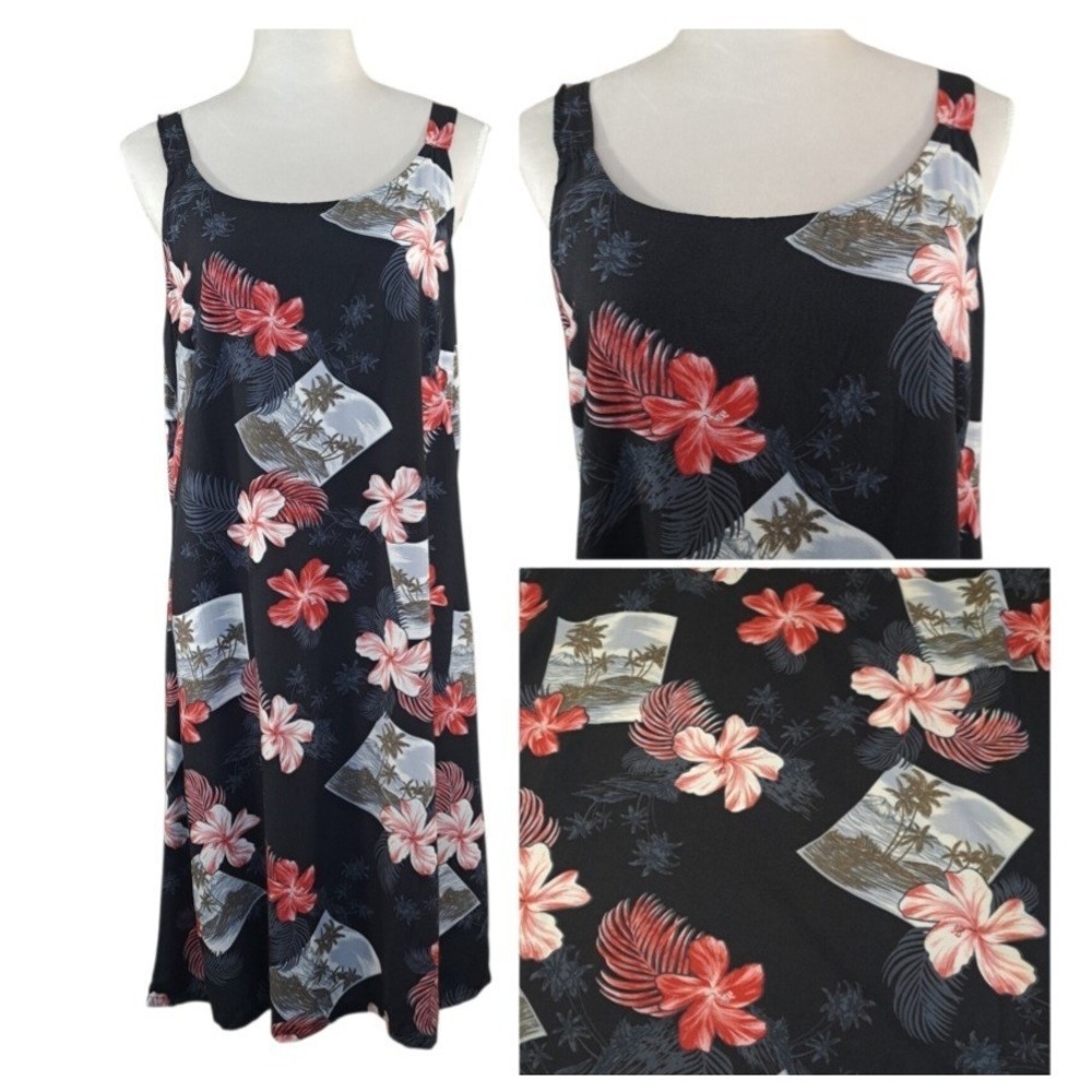 Hawaiian Reserve Collection Dress Size L Sleeveless Black Tropical Floral Rayon